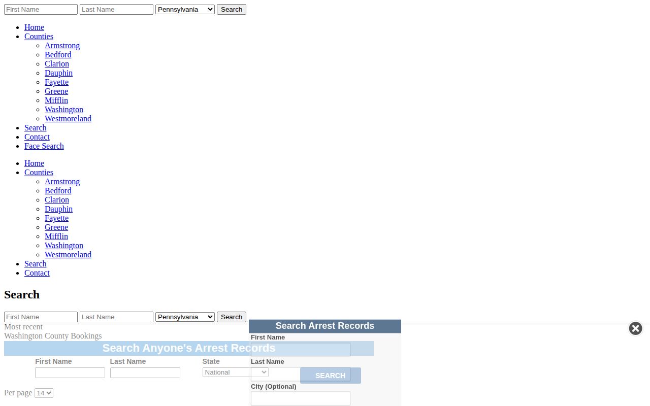 Washington County arrest-record index screenshot from an unofficial third-party source