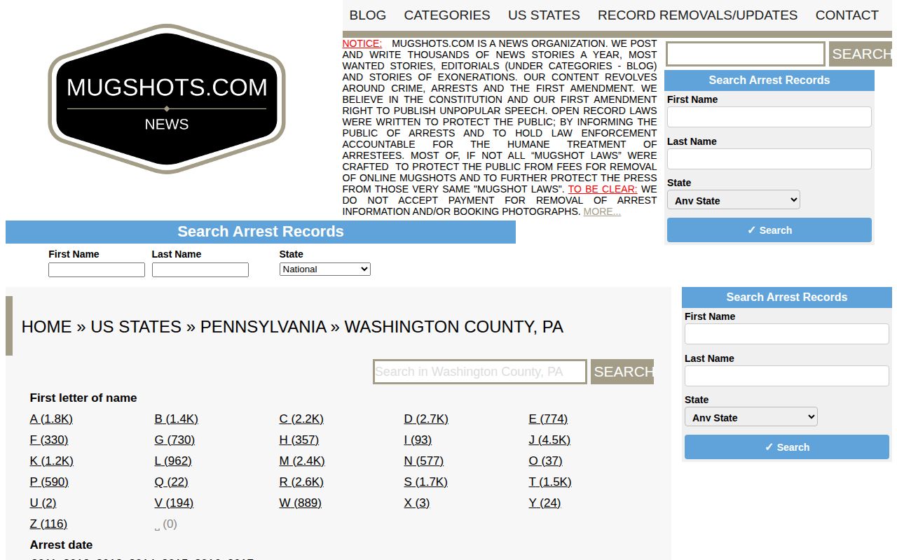 Washington County historical mugshot index screenshot from an unofficial third-party source